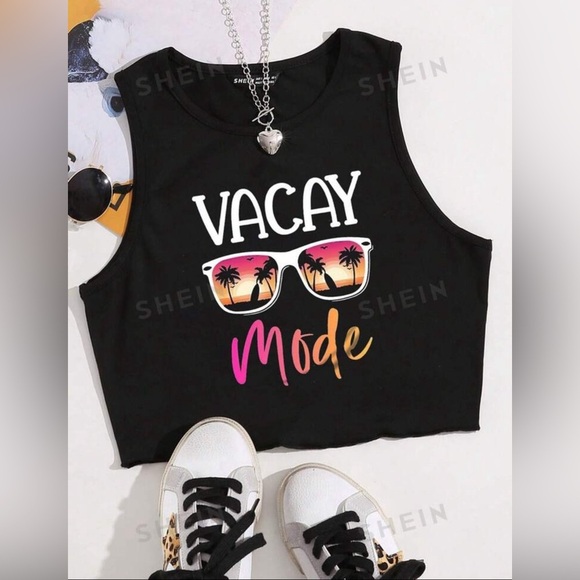 SHEIN Tops - Ladies' Vacay Mode Print Round Neck Tank Top